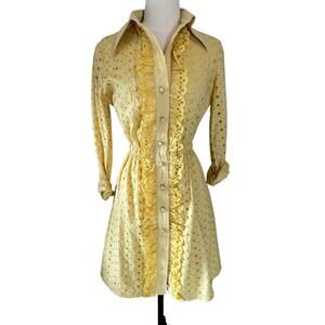 Rona New York Vintage Pale Yellow Eyelet Long Sleeve Mini Dress